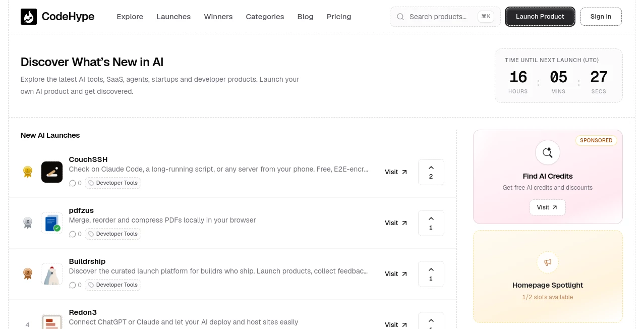 Screenshot of CodeHype – An AI tool in the ,AI Tools Directory  category, showcasing its interface and key features.