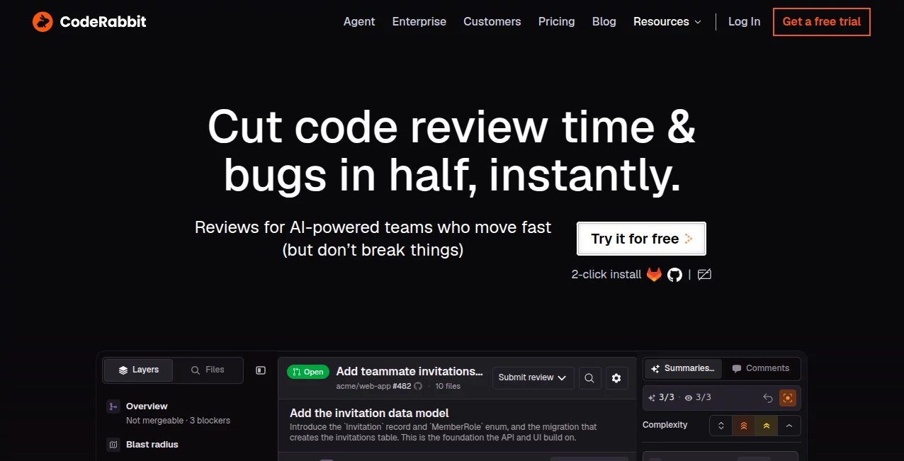 Screenshot of CodeRabbit – An AI tool in the ,AI Code Assistant ,AI Code Generator ,AI Testing & QA ,AI Developer Tools  category, showcasing its interface and key features.