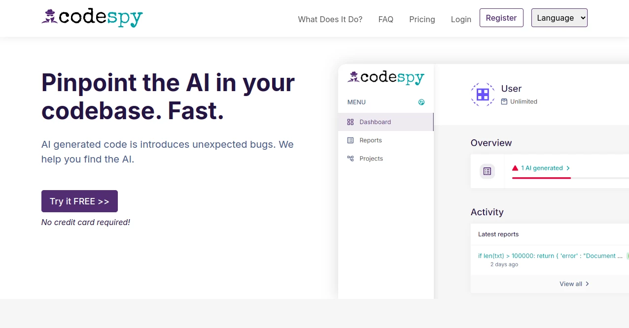 Screenshot of CodeSpy AI – An AI tool in the ,AI Code Assistant ,AI Code Explanation ,AI Developer Tools  category, showcasing its interface and key features.