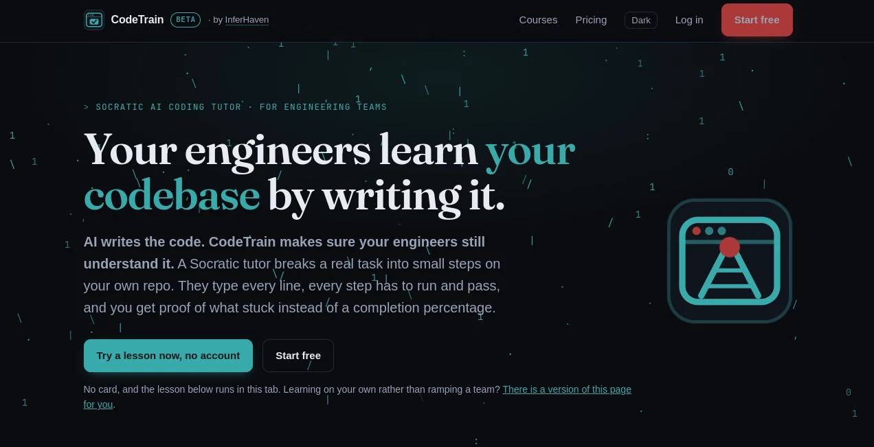 Screenshot of CodeTrain – An AI tool in the ,AI Tutorial ,AI Education Assistant ,AI Coaching ,AI Developer Tools  category, showcasing its interface and key features.