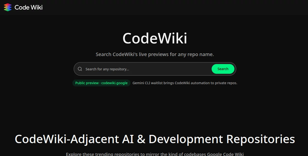 Screenshot of CodeWiki – An AI tool in the ,AI Code Assistant ,AI Code Explanation ,AI Developer Docs ,AI Developer Tools  category, showcasing its interface and key features.