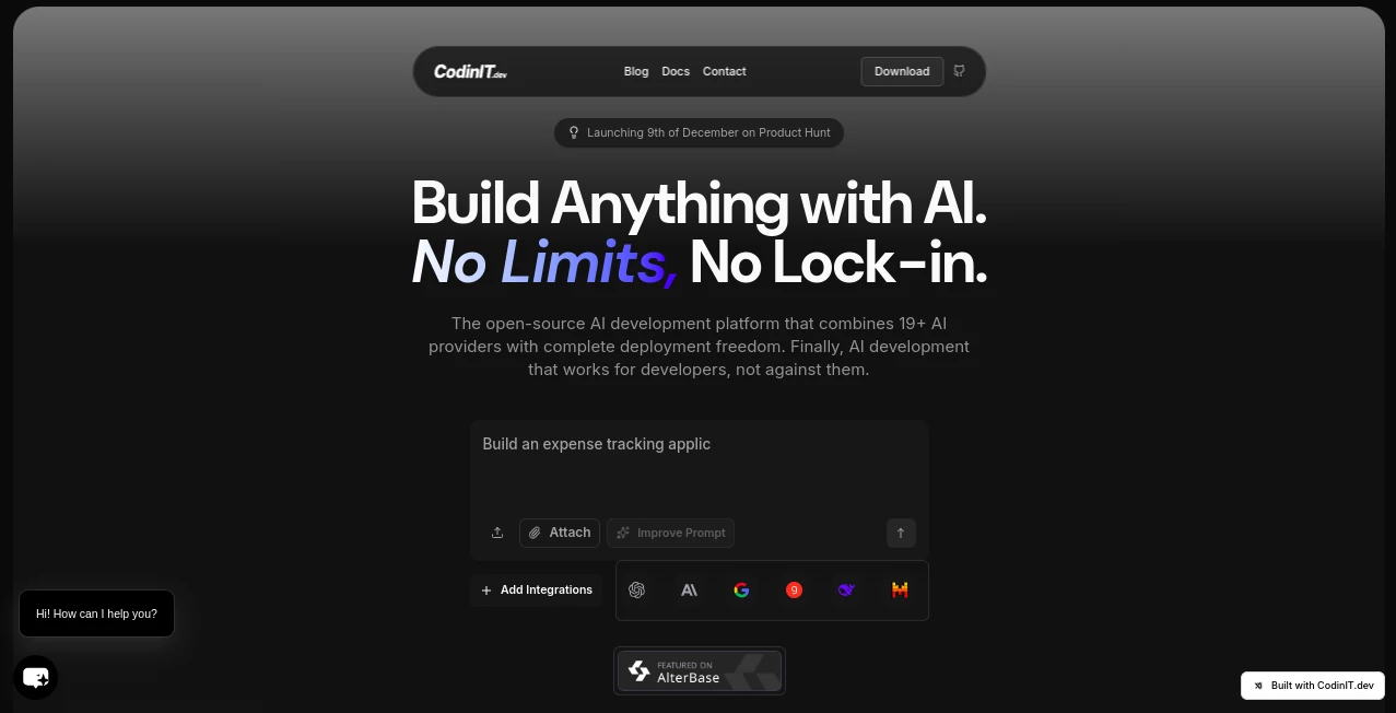 Screenshot of CodinIT.dev – An AI tool in the ,AI App Builder ,AI No-Code & Low-Code ,AI Code Generator ,AI Developer Tools  category, showcasing its interface and key features.