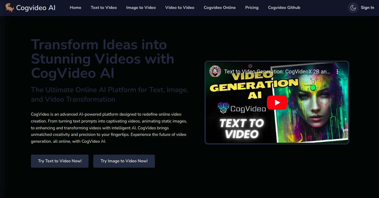 Screenshot of Cogvideo AI – An AI tool in the ,AI Animated Video ,AI Video Generator ,AI Short Clips Generator ,AI Text to Video  category, showcasing its interface and key features.