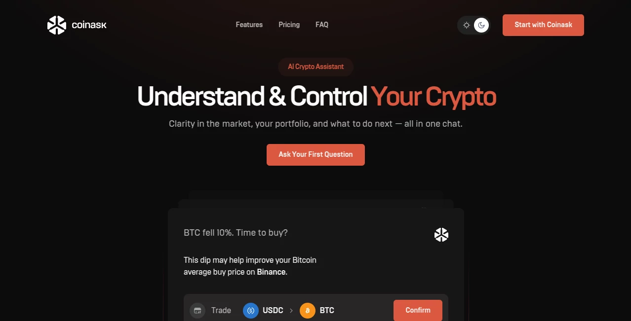 Screenshot of Coinask – An AI tool in the ,AI Research Tool ,AI Trading Bot Assistant ,AI Investing Assistant ,AI Chatbot  category, showcasing its interface and key features.