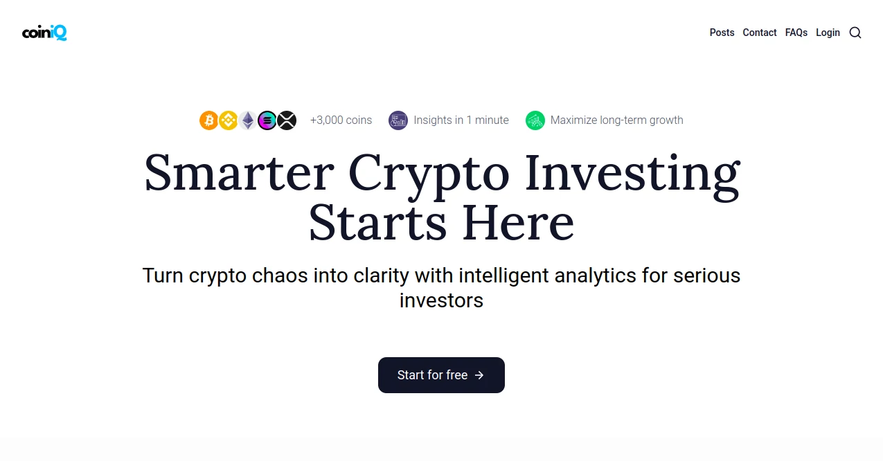 Screenshot of CoinIQ – An AI tool in the ,AI Research Tool ,AI Trading Bot Assistant ,AI Investing Assistant ,AI Analytics Assistant  category, showcasing its interface and key features.