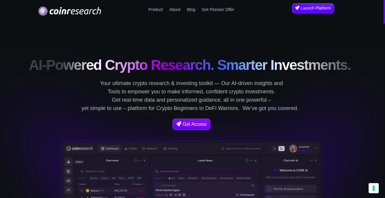 Screenshot of CoinResearch AI – An AI tool in the ,AI Research Tool ,AI Trading Bot Assistant ,AI Investing Assistant ,AI Analytics Assistant  category, showcasing its interface and key features.