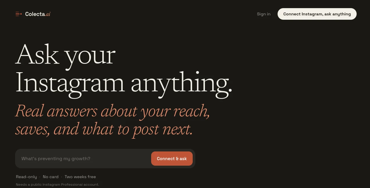 Screenshot of Colecta – An AI tool in the ,AI Instagram Assistant ,Marketing ,AI Social Media Assistant ,AI Analytics Assistant  category, showcasing its interface and key features.