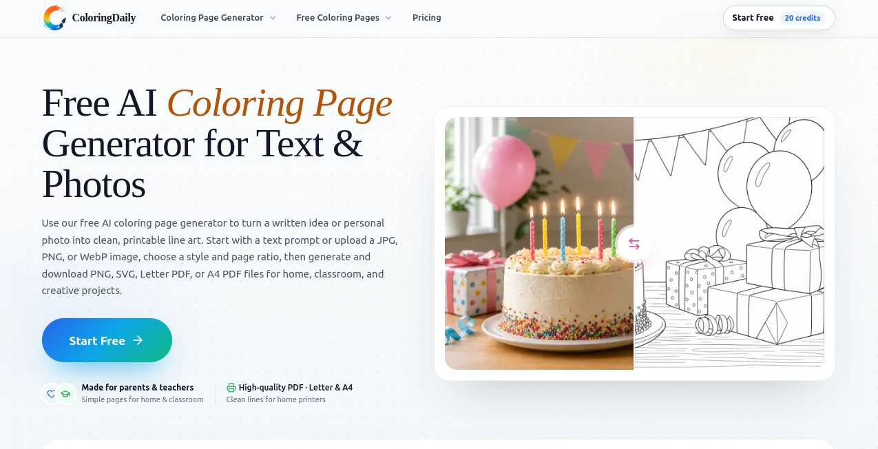Screenshot of ColoringDaily – An AI tool in the ,AI Photo & Image Generator ,AI Image to Image ,AI Art Generator ,AI Education Assistant  category, showcasing its interface and key features.