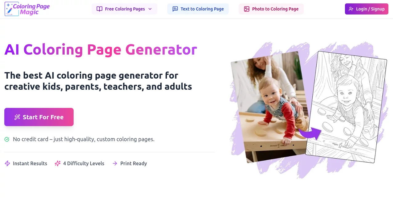 Screenshot of Coloring Page Magic – An AI tool in the ,AI Photo & Image Generator ,AI Fun Tools ,AI Art Generator ,AI Design Generator  category, showcasing its interface and key features.