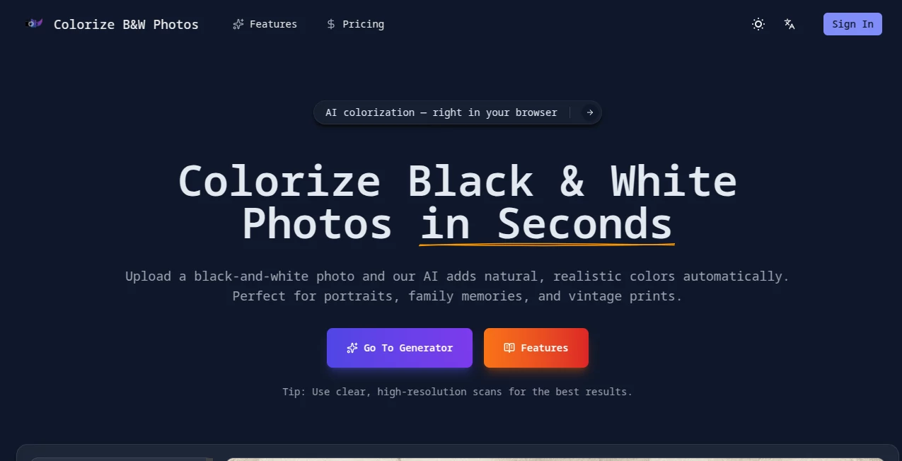 Screenshot of Colorize B&W Photos – An AI tool in the ,AI Photo Enhancer ,AI Photo Restoration ,AI Photography ,AI Colorize  category, showcasing its interface and key features.