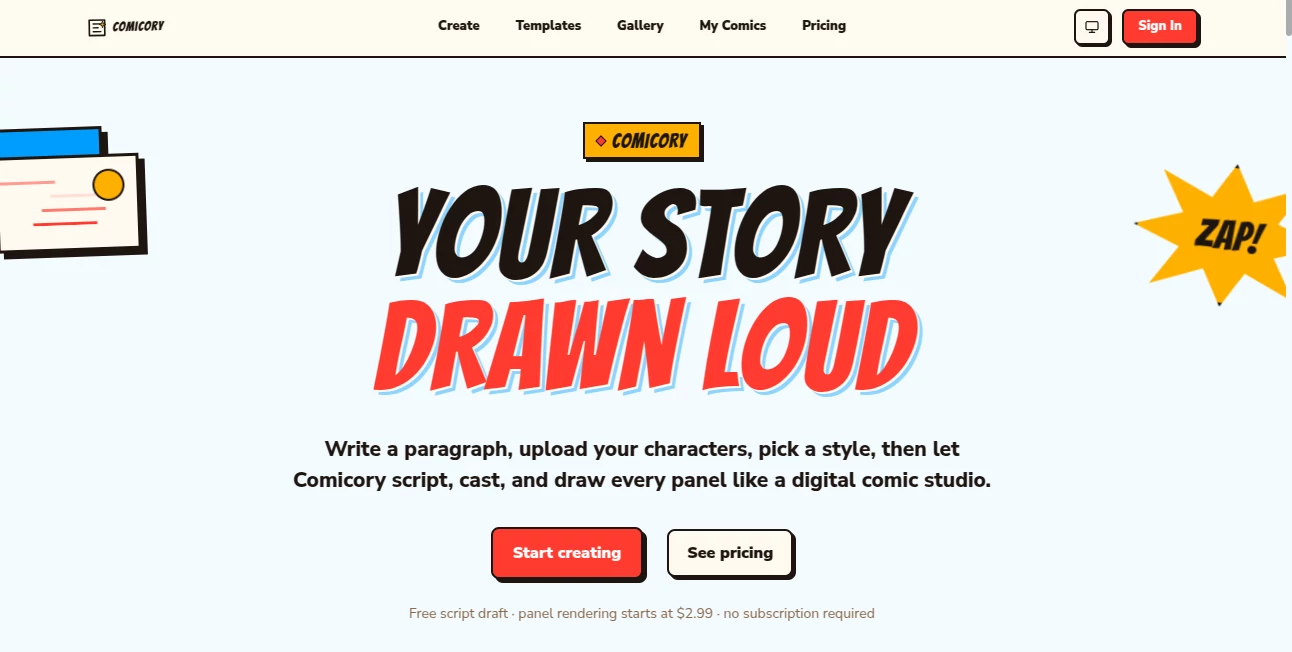 Screenshot of Comicory – An AI tool in the ,AI Animated Video ,AI Image to Video ,AI Fun Tools  category, showcasing its interface and key features.