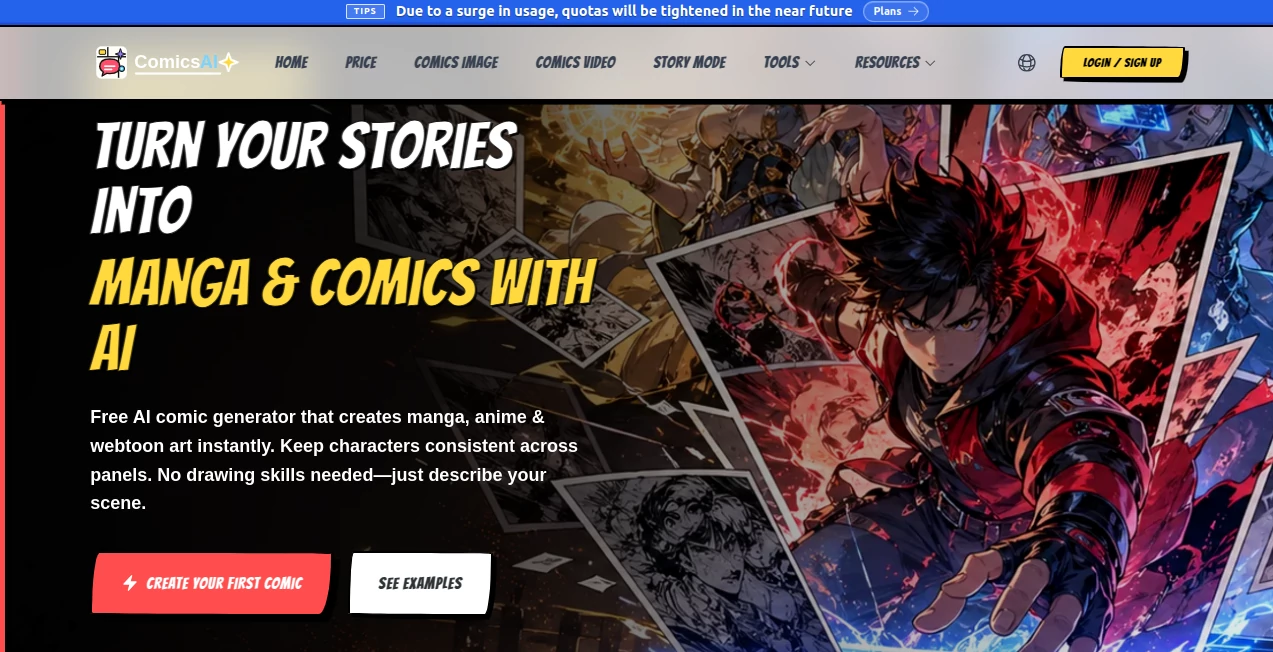 Screenshot of ComicsAI – An AI tool in the ,AI Creative Writing ,AI Image to Image ,AI Art Generator ,AI Story Writing  category, showcasing its interface and key features.