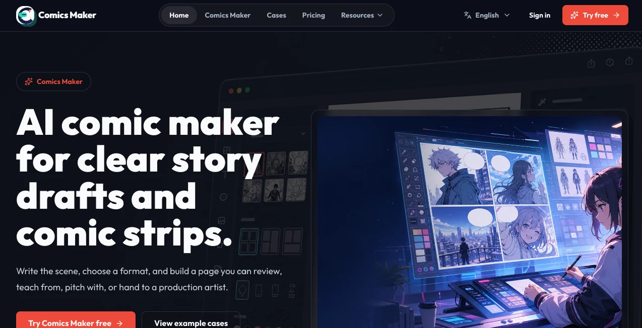 Screenshot of Comics Maker – An AI tool in the ,AI Story Writing ,AI Text to Image ,AI Manga & Comic ,AI Design Generator  category, showcasing its interface and key features.