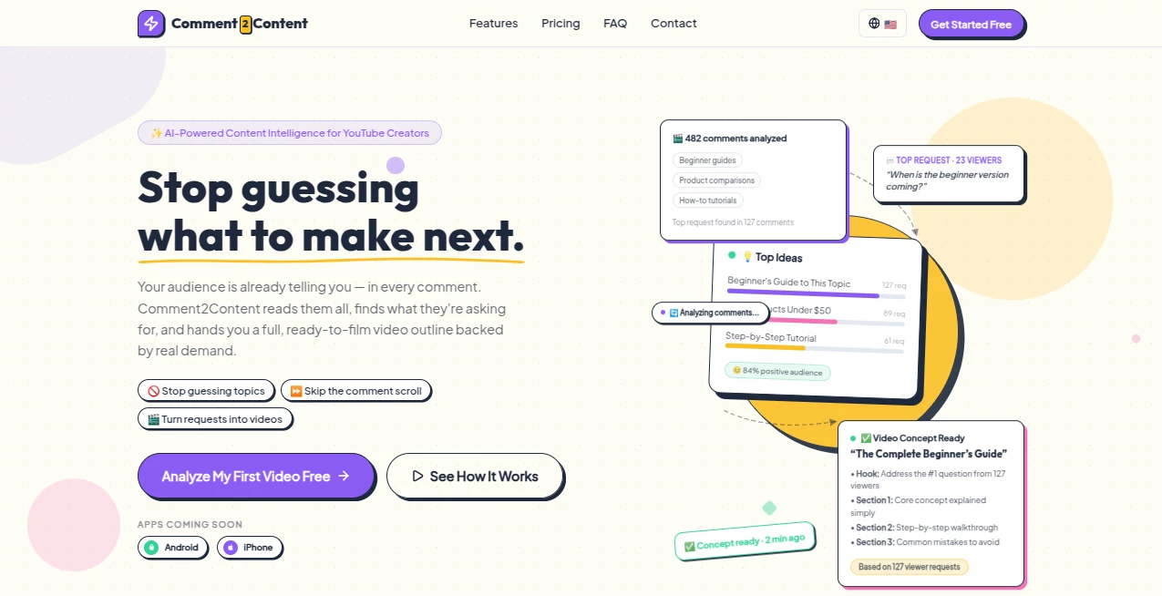 Screenshot of Comment2Content – An AI tool in the ,AI Content Generator ,AI YouTube Assistant ,AI Analytics Assistant ,AI Social Media Assistant  category, showcasing its interface and key features.
