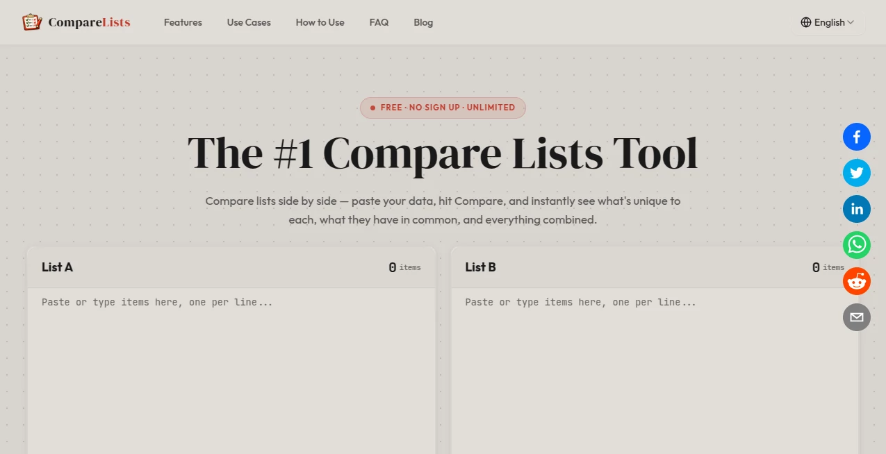 Screenshot of The #1 Compare Lists Tool – An AI tool in the ,AI Documents Assistant ,AI Research Tool  category, showcasing its interface and key features.