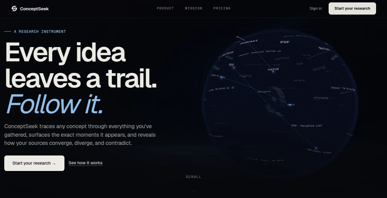 Screenshot of ConceptSeek – An AI tool in the ,AI Search Engine ,AI Research Tool ,AI Knowledge Management ,AI Education Assistant  category, showcasing its interface and key features.