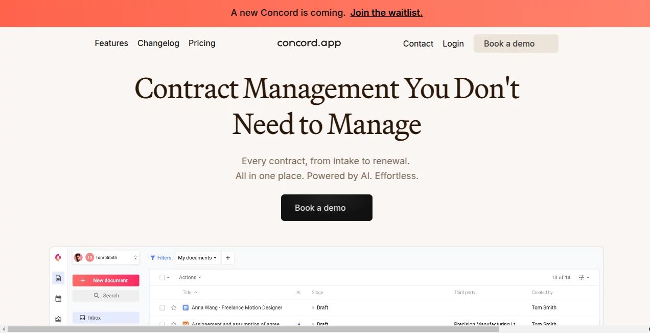 Screenshot of Concord – An AI tool in the ,AI Workflow Management ,AI Document Extraction ,AI Contract Management ,AI Legal Assistant  category, showcasing its interface and key features.