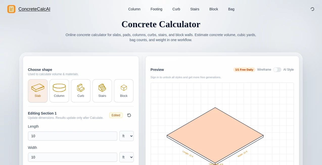 Screenshot of AI Concrete Calculator – An AI tool in the ,AI Workflow Management ,AI Project Management ,AI Productivity Tools ,Business  category, showcasing its interface and key features.