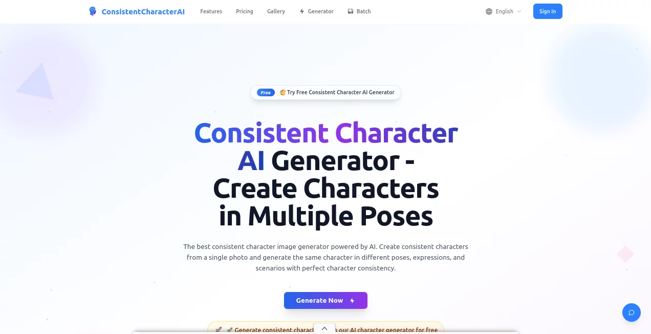 Screenshot of Consistent Character AI – An AI tool in the ,AI Photo & Image Generator ,AI Character ,AI Art Generator ,AI Design Generator  category, showcasing its interface and key features.