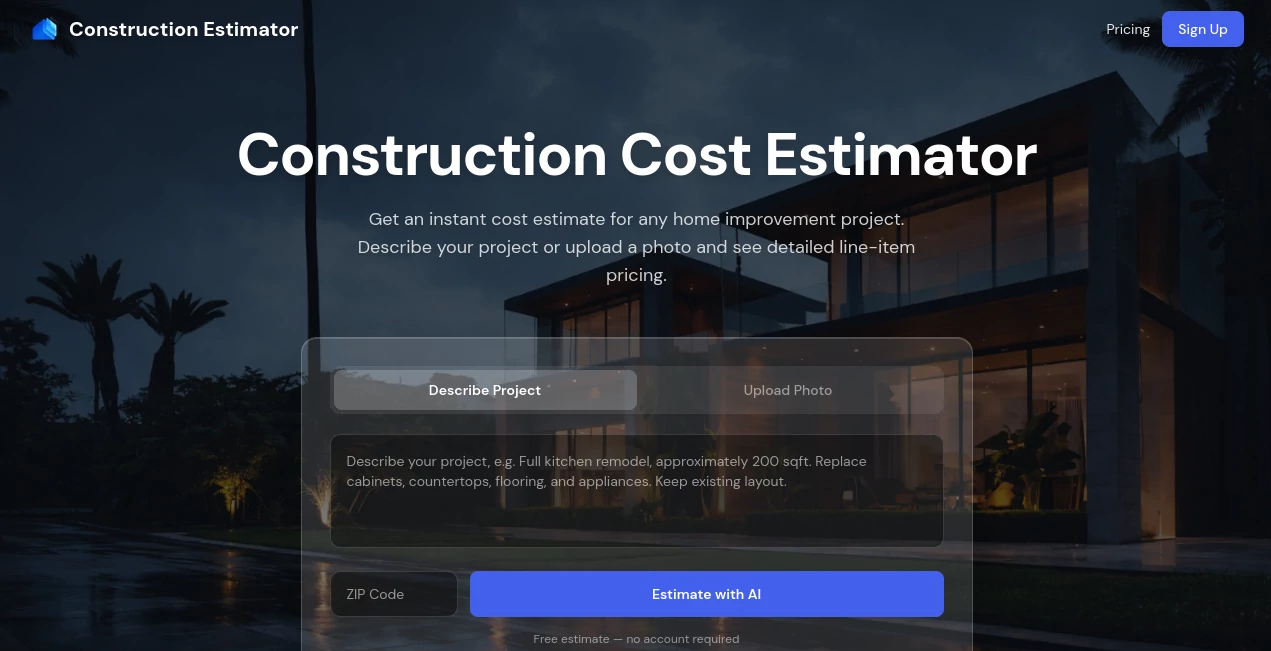 Screenshot of Construction Estimator – An AI tool in the ,AI Project Management ,AI Accounting Assistant ,AI Business Ideas Generator ,AI Consulting Assistant  category, showcasing its interface and key features.