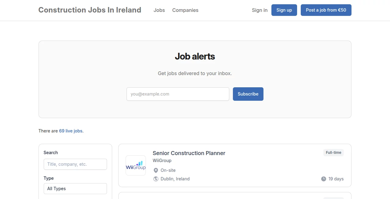 Screenshot of Construction Jobs In Ireland – An AI tool in the ,AI Recruiting  category, showcasing its interface and key features.