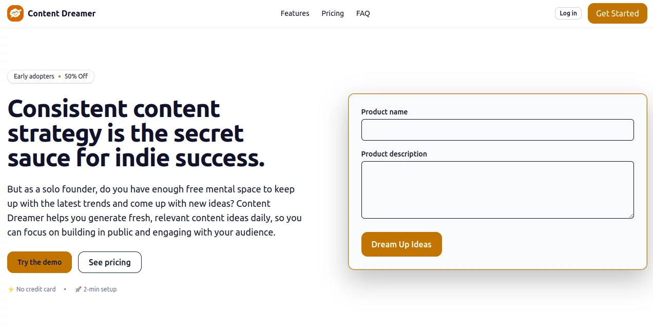 Screenshot of Content Dreamer – An AI tool in the ,AI Content Generator ,AI SEO Assistant ,AI Social Media Assistant ,AI Marketing Plan Generator  category, showcasing its interface and key features.
