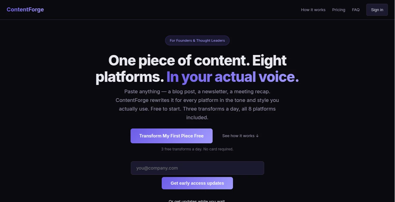 Screenshot of ContentForge – An AI tool in the ,AI Content Generator ,AI Social Media Assistant ,AI Repurpose Assistant ,AI Email Marketing  category, showcasing its interface and key features.