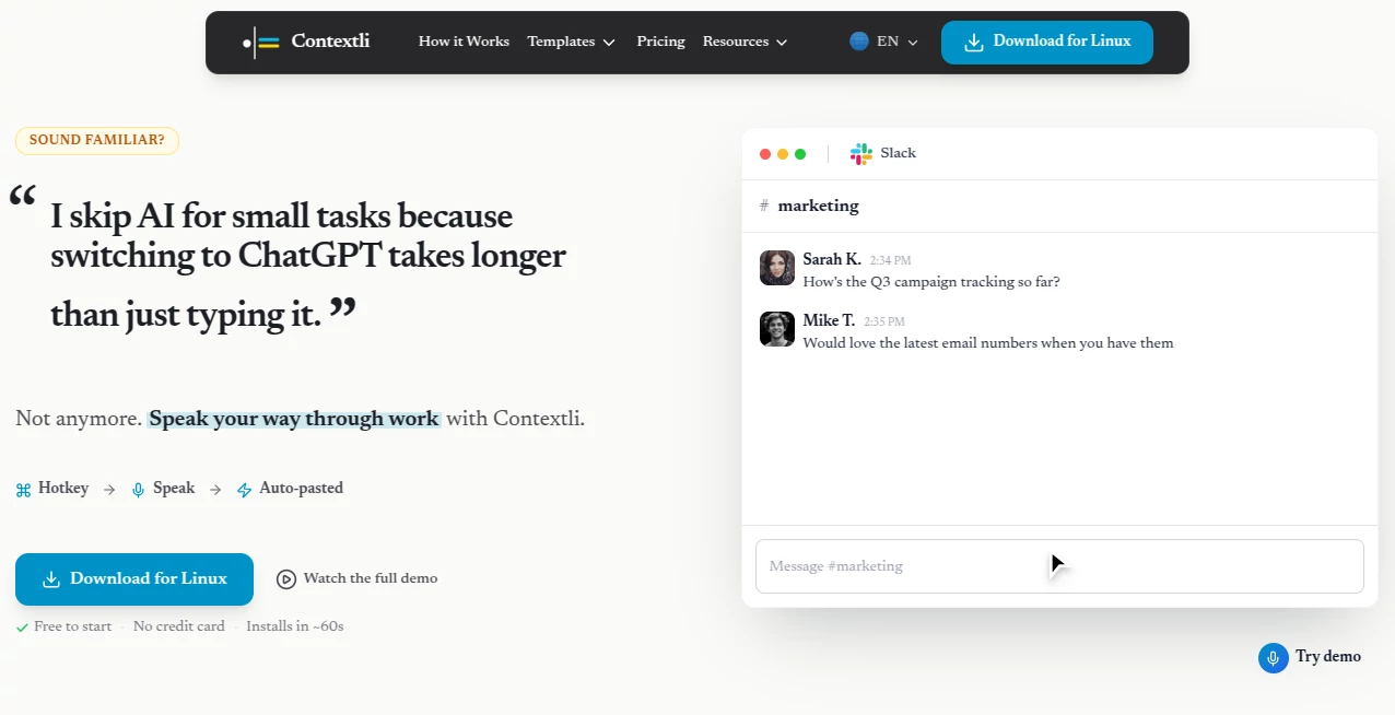 Screenshot of Contextli – An AI tool in the ,AI Writing Assistants ,AI Speech to Text ,AI Voice Assistants ,AI Productivity Tools  category, showcasing its interface and key features.