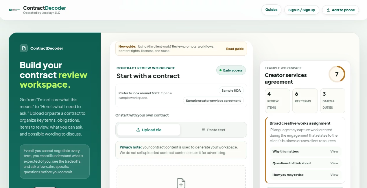 Screenshot of ContractDecoder – An AI tool in the ,AI Business Ideas Generator ,AI Legal Assistant ,AI Productivity Tools ,AI Documents Assistant  category, showcasing its interface and key features.