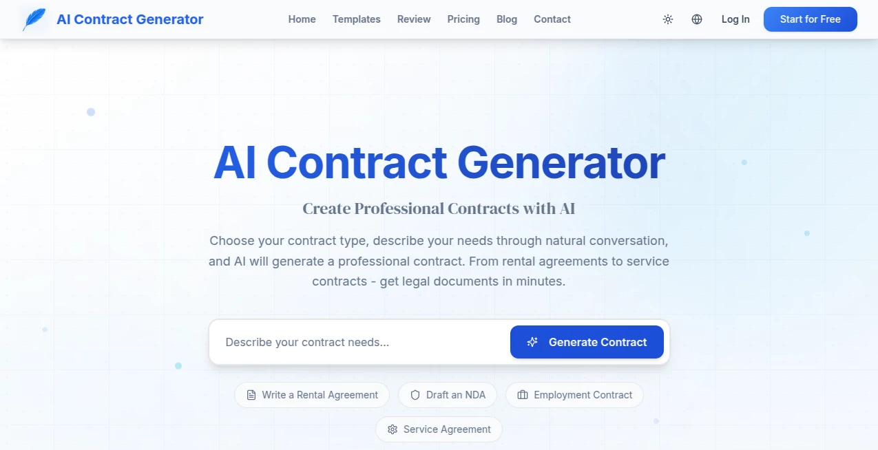 Screenshot of AI Contract Generator – An AI tool in the ,AI PDF ,AI Documents Assistant ,AI Forms & Surveys ,AI Contract Management  category, showcasing its interface and key features.