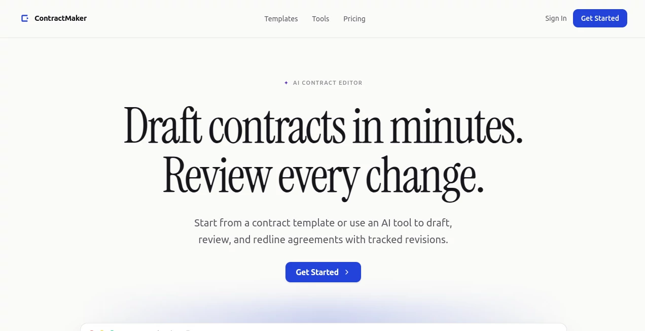 Screenshot of ContractMaker – An AI tool in the ,AI Workflow Management ,AI Documents Assistant ,AI Business Ideas Generator ,AI Contract Management  category, showcasing its interface and key features.