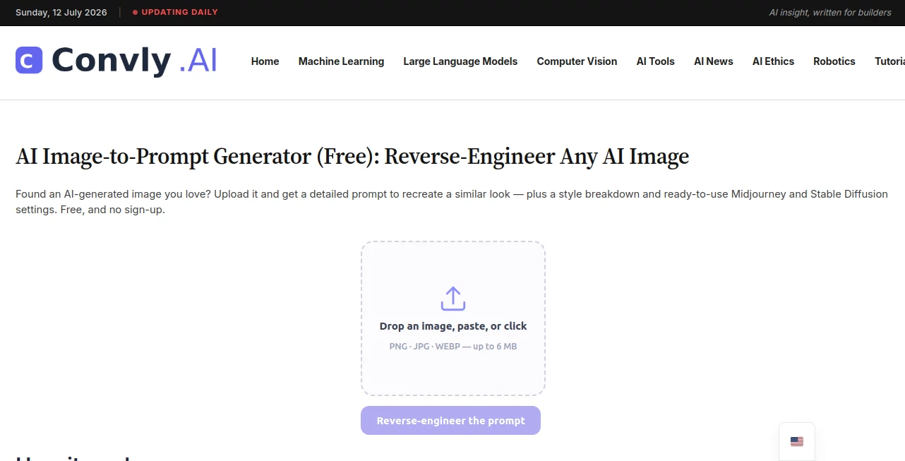 Screenshot of Convly AI Image To Prompt – An AI tool in the ,AI Image to Image ,Prompt  category, showcasing its interface and key features.