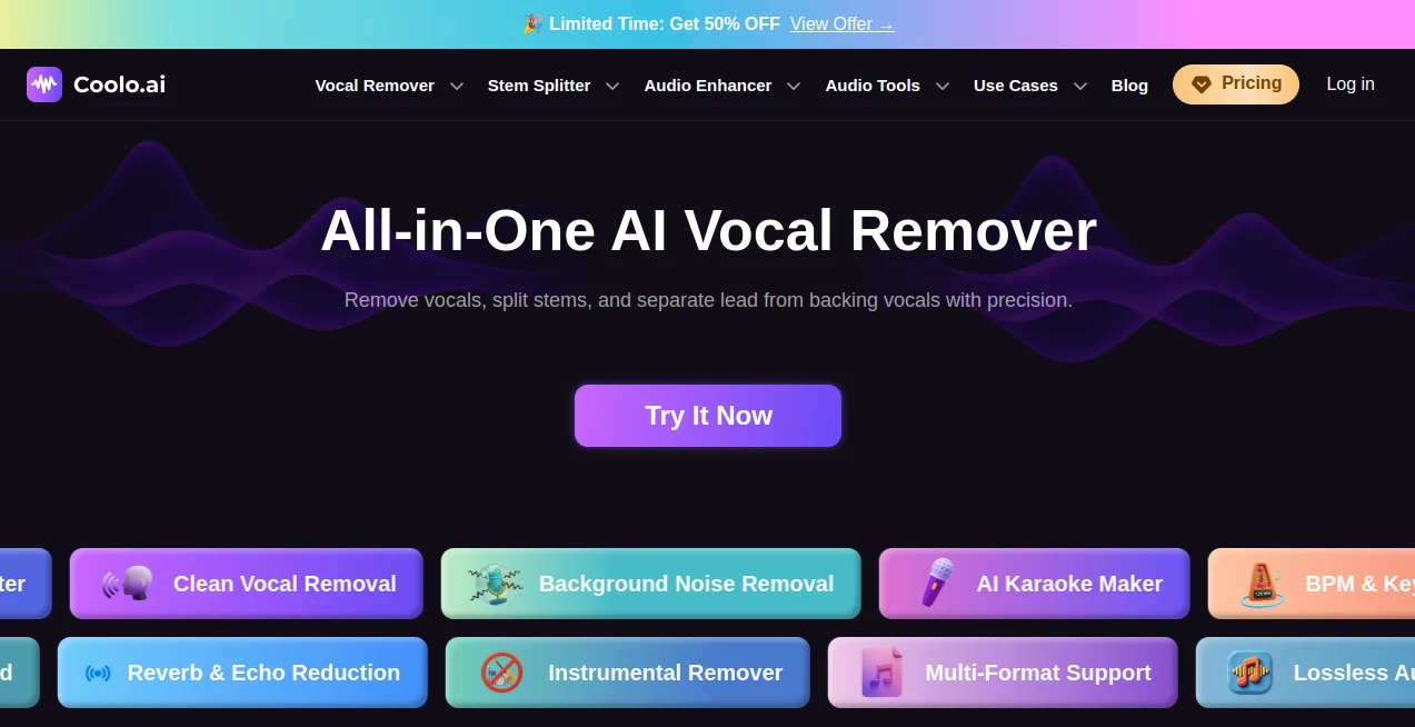 Screenshot of Coolo.ai – An AI tool in the ,AI Audio Enhancer ,AI Music Generator ,AI Voice & Audio Editing ,AI Speech Synthesis  category, showcasing its interface and key features.