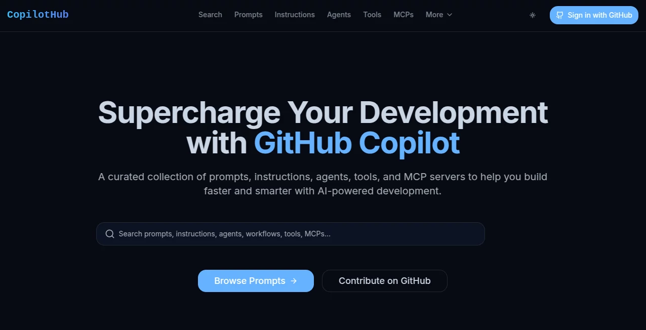 Screenshot of CopilotHub – An AI tool in the ,AI Code Assistant ,AI Developer Tools ,AI Tools Directory  category, showcasing its interface and key features.