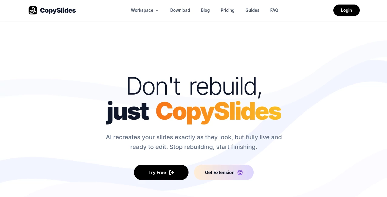 Screenshot of CopySlides – An AI tool in the ,AI PDF ,AI Presentation Generator ,AI Video Recording  category, showcasing its interface and key features.