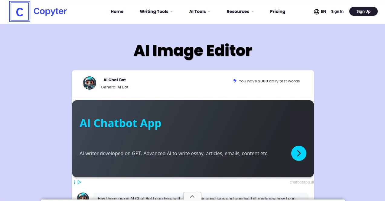 Screenshot of Copyter – An AI tool in the ,AI Photo & Image Generator ,AI Content Generator ,AI Text to Speech ,AI Marketing Plan Generator  category, showcasing its interface and key features.