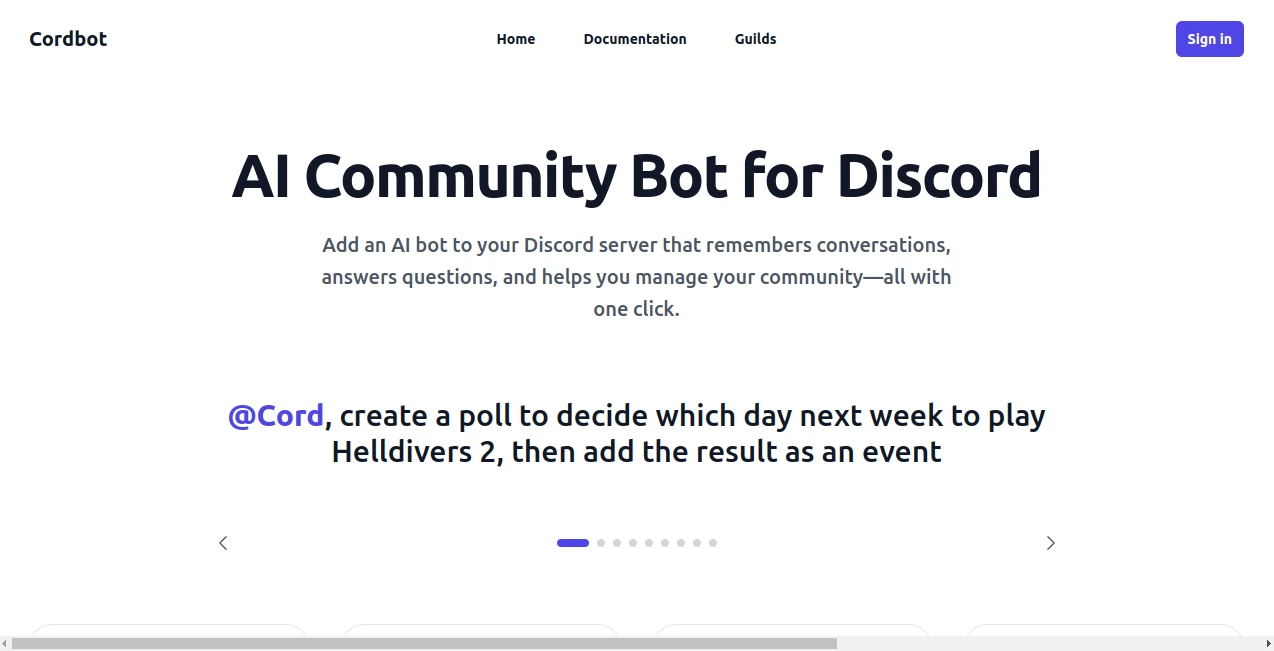 Screenshot of Cordbot – An AI tool in the ,AI Code Assistant ,AI Developer Tools ,AI Chatbot  category, showcasing its interface and key features.