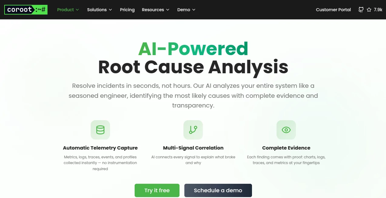 Screenshot of Coroot AI – An AI tool in the ,AI Log Management ,AI Developer Tools ,AI Monitor & Report Builder ,AI DevOps Assistant  category, showcasing its interface and key features.