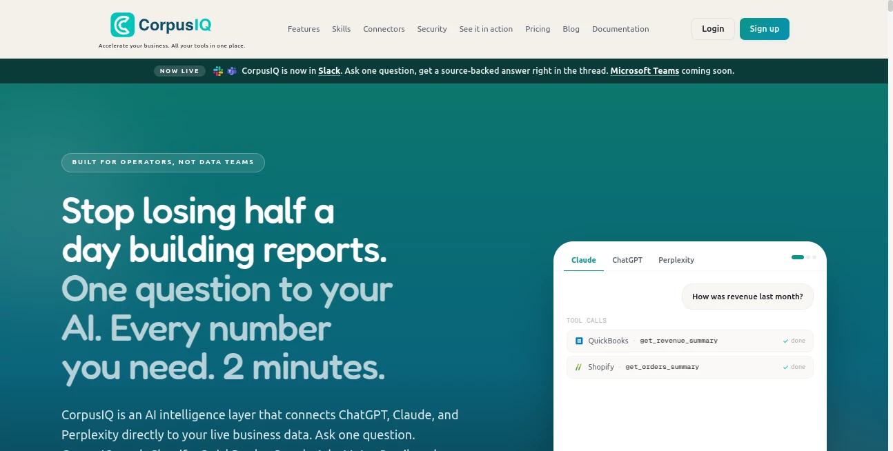 Screenshot of CorpusIQ – An AI tool in the ,AI Research Tool ,AI Business Ideas Generator ,AI Analytics Assistant ,AI Productivity Tools  category, showcasing its interface and key features.