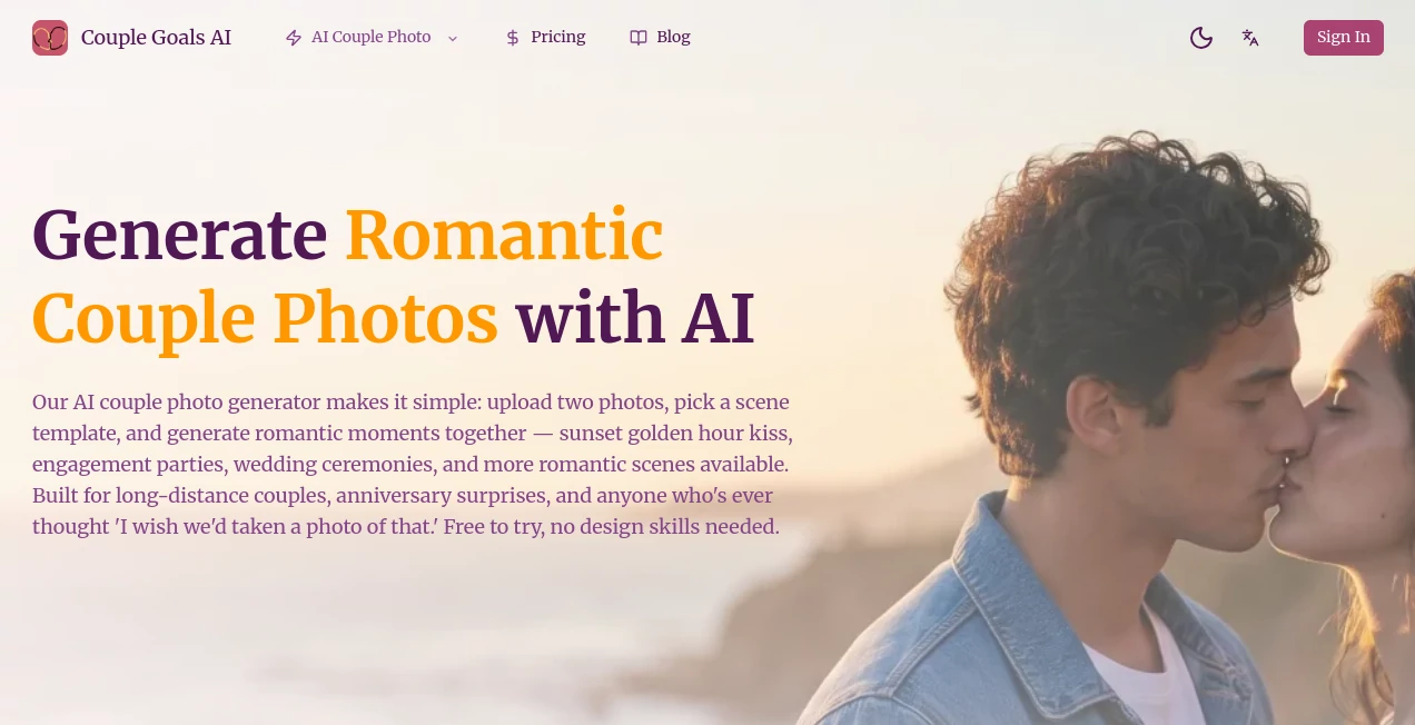 Screenshot of Couple Goals AI – An AI tool in the ,AI Photo & Image Generator ,AI Avatar Generator ,AI Selfie & Portrait ,AI Image to Image  category, showcasing its interface and key features.