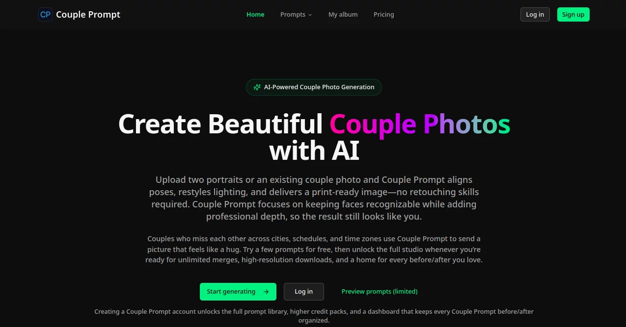 Screenshot of Couple Prompt – An AI tool in the ,AI Photo & Image Generator ,Photo & Image Editor ,AI Design Generator ,AI Image to Image  category, showcasing its interface and key features.