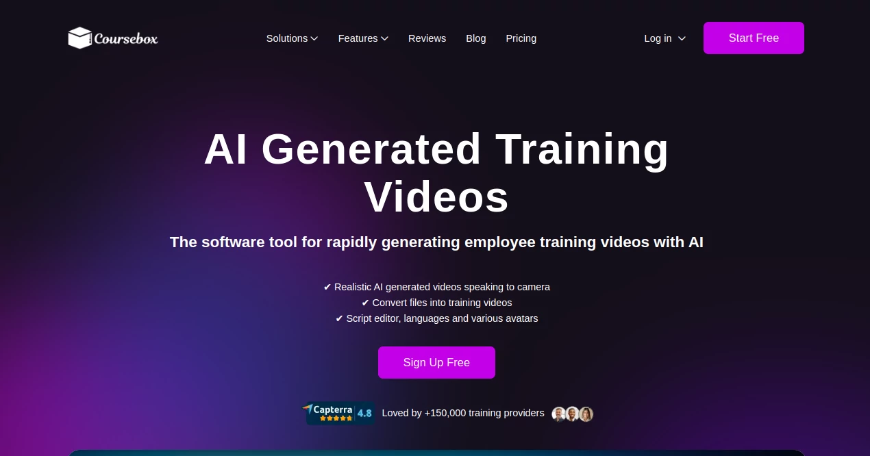 Screenshot of Coursebox - AI Generated Training Videos – An AI tool in the ,AI Tutorial ,AI Course ,AI Video Generator ,AI Coaching  category, showcasing its interface and key features.