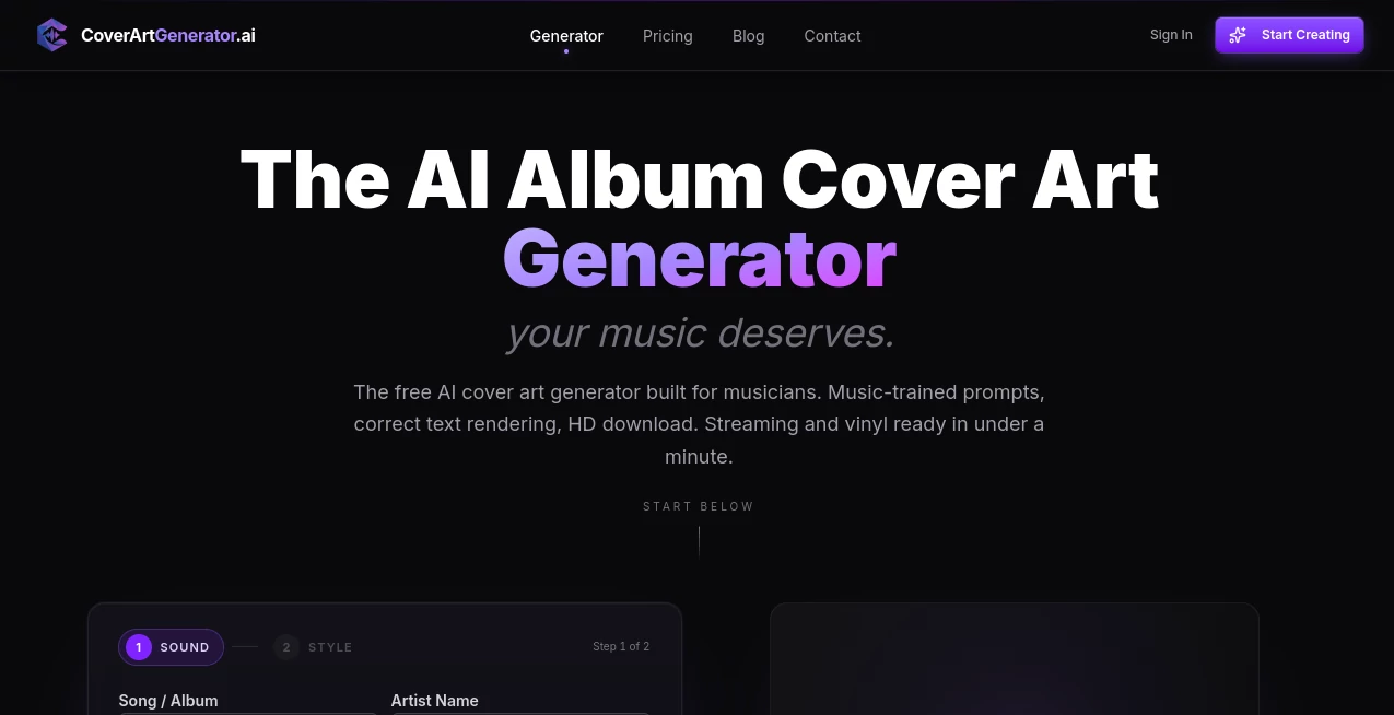 Screenshot of CoverArtGenerator.ai – An AI tool in the ,AI Cover Generator ,AI Poster Generator ,AI Thumbnail Maker ,AI Art Generator  category, showcasing its interface and key features.