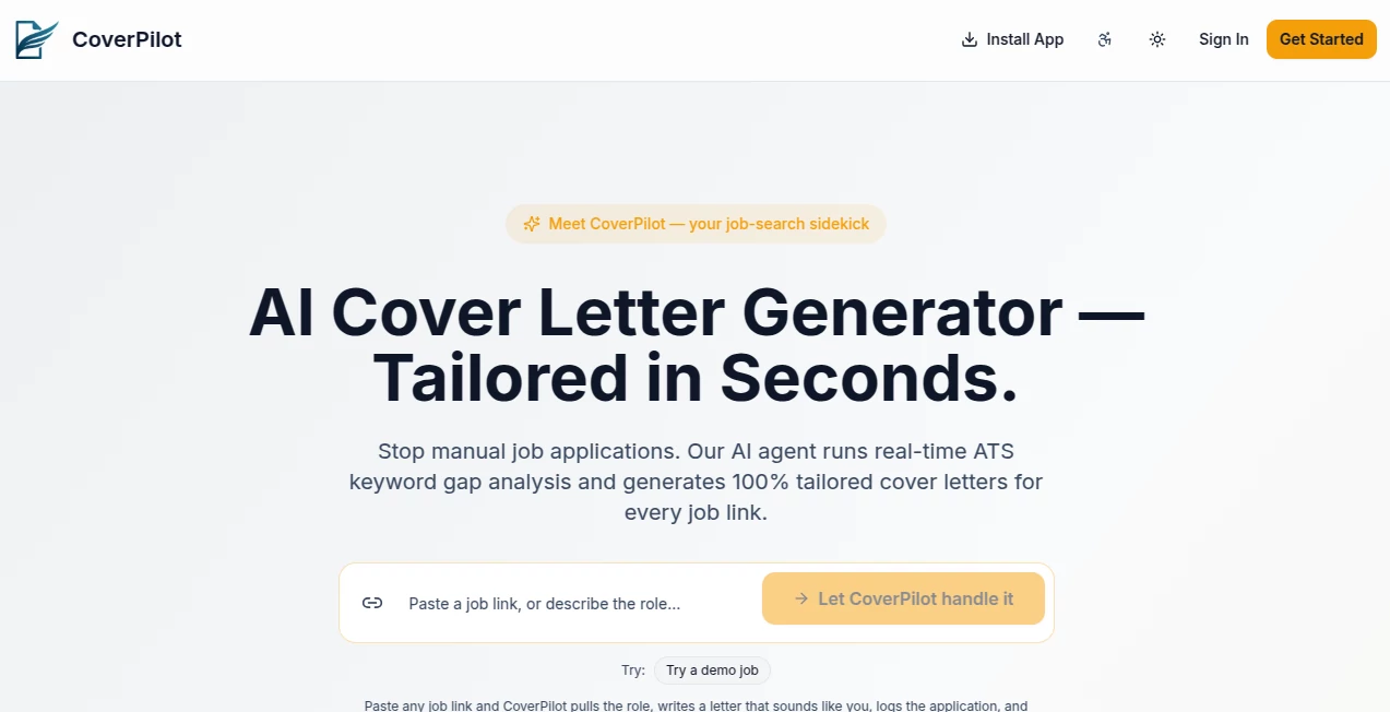 Screenshot of CoverPilot – An AI tool in the ,AI Writing Assistants ,AI Content Generator ,AI Resume Builder ,AI Cover Letter Generator  category, showcasing its interface and key features.