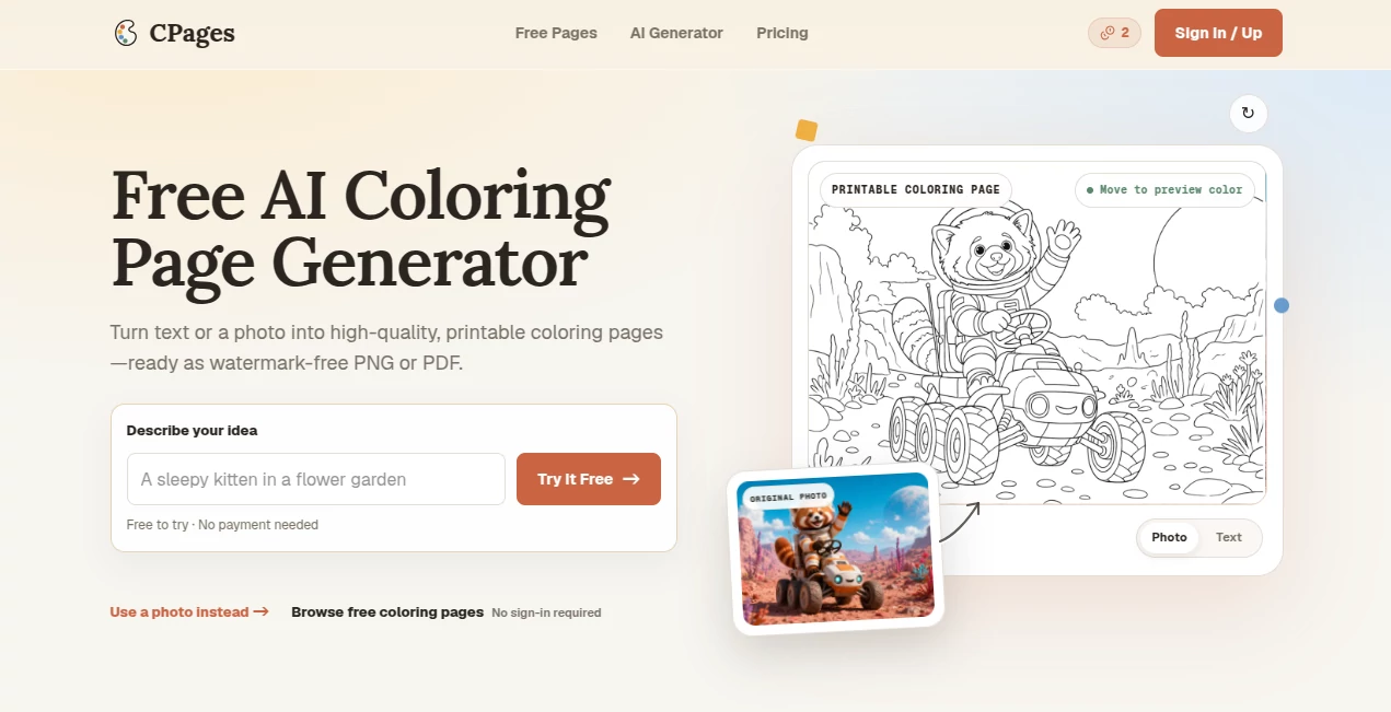 Screenshot of CPages – An AI tool in the ,AI Photo & Image Generator ,AI Illustration Generator ,AI Image to Image ,AI Text to Image  category, showcasing its interface and key features.