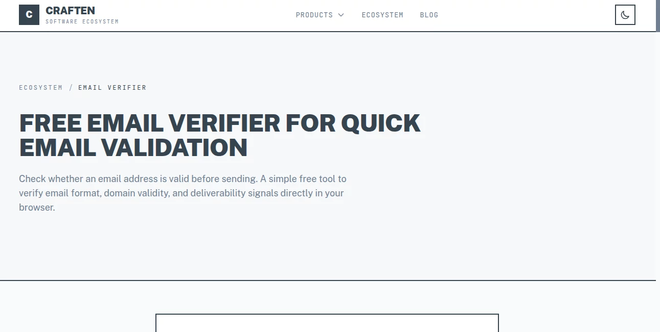 Screenshot of Free Email Verifier by Craften – An AI tool in the ,AI Lead Generation ,AI Productivity Tools ,AI Email Assistant ,AI Response Generator  category, showcasing its interface and key features.