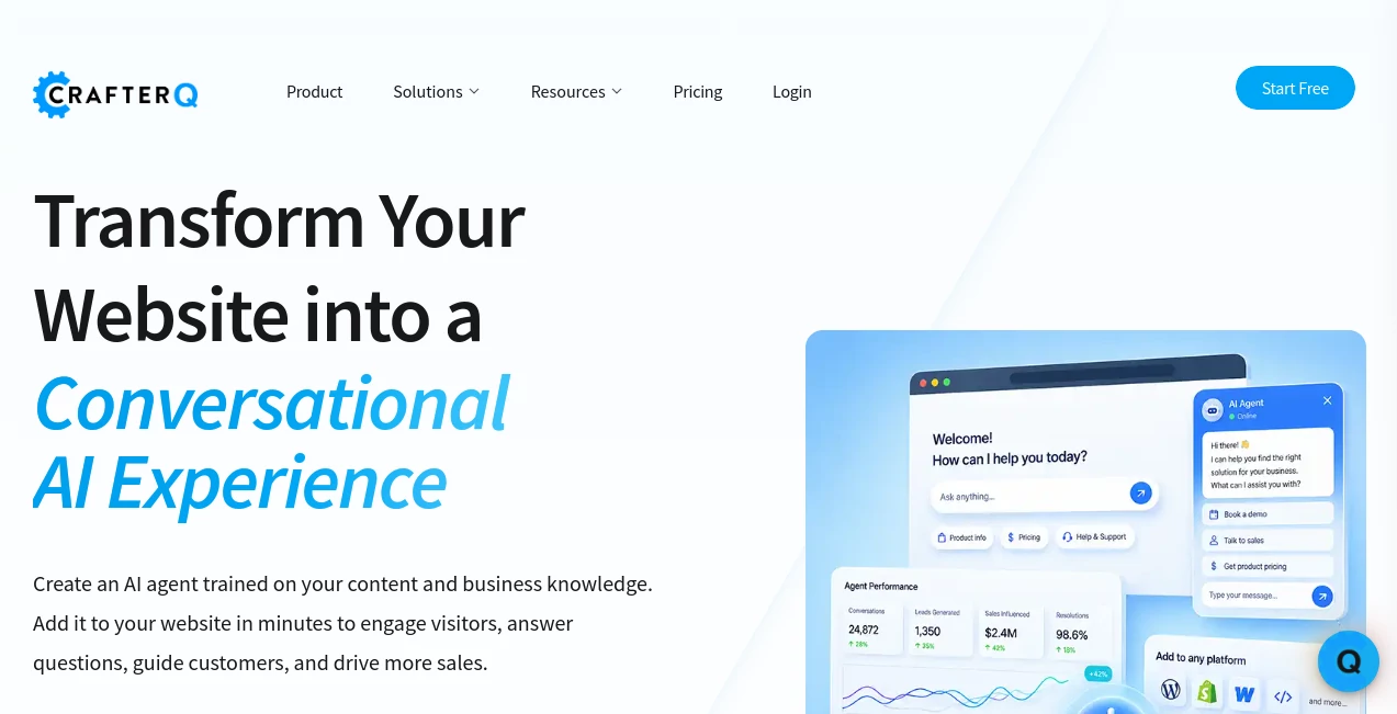 Screenshot of CrafterQ – An AI tool in the ,AI Lead Generation ,AI Chatbot ,AI Customer Service Assistant ,AI E-commerce Assistant  category, showcasing its interface and key features.