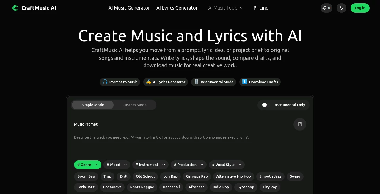 Screenshot of CraftMusic AI – An AI tool in the ,AI Audio Enhancer ,AI Music Generator ,AI Voice & Audio Editing ,AI Text to Music  category, showcasing its interface and key features.
