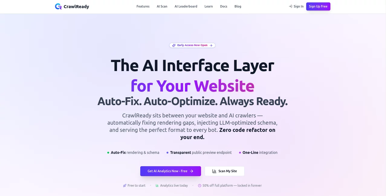 Screenshot of CrawlReady – An AI tool in the ,AI SEO Assistant ,AI Analytics Assistant ,AI Developer Tools  category, showcasing its interface and key features.