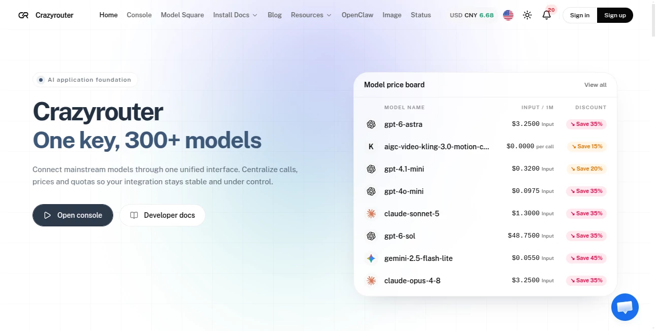 Screenshot of Crazyrouter – An AI tool in the ,AI API Design ,Code & IT ,AI Developer Tools  category, showcasing its interface and key features.